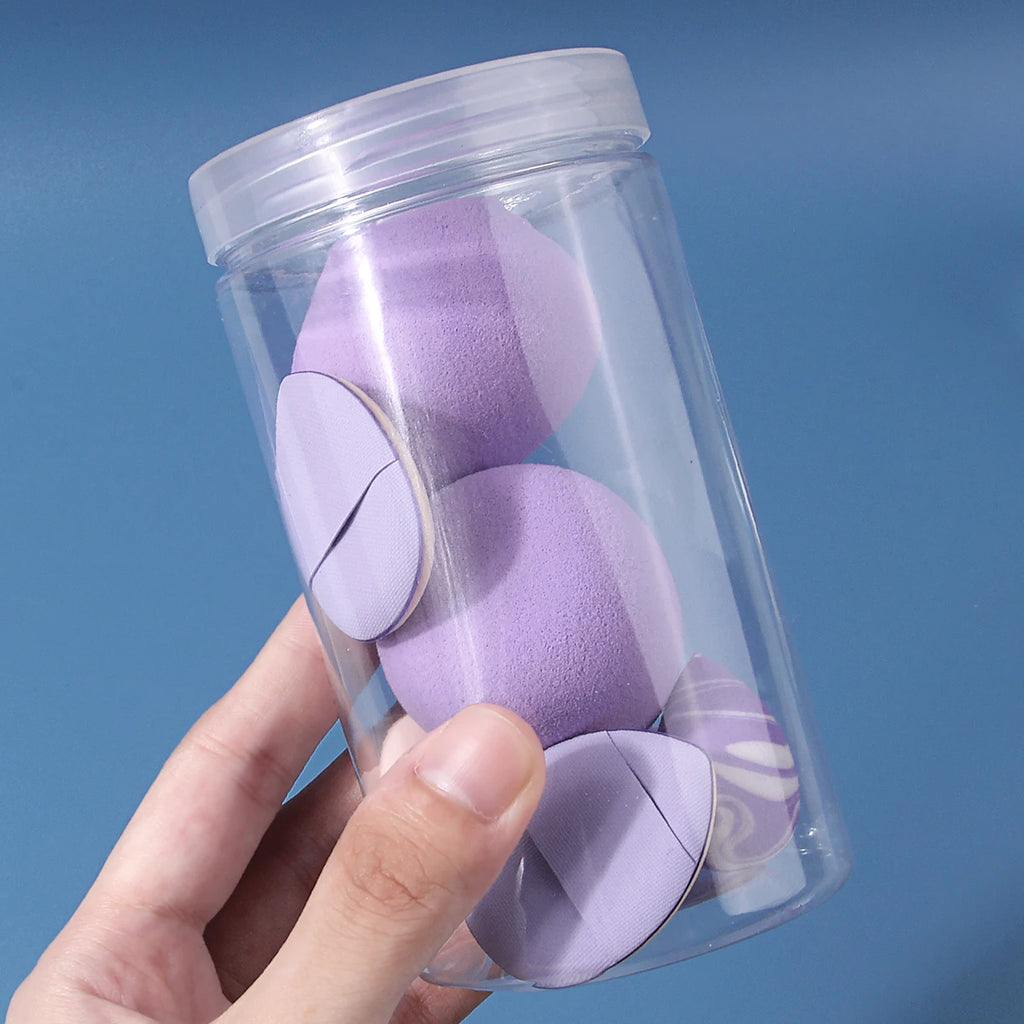 8Pcs Purple Makeup Sponge & Powder Puff Set Large Mini Teardrop Beauty Puff Triangle Makeup Puffs With Clear Storage Jar Foundat Vue