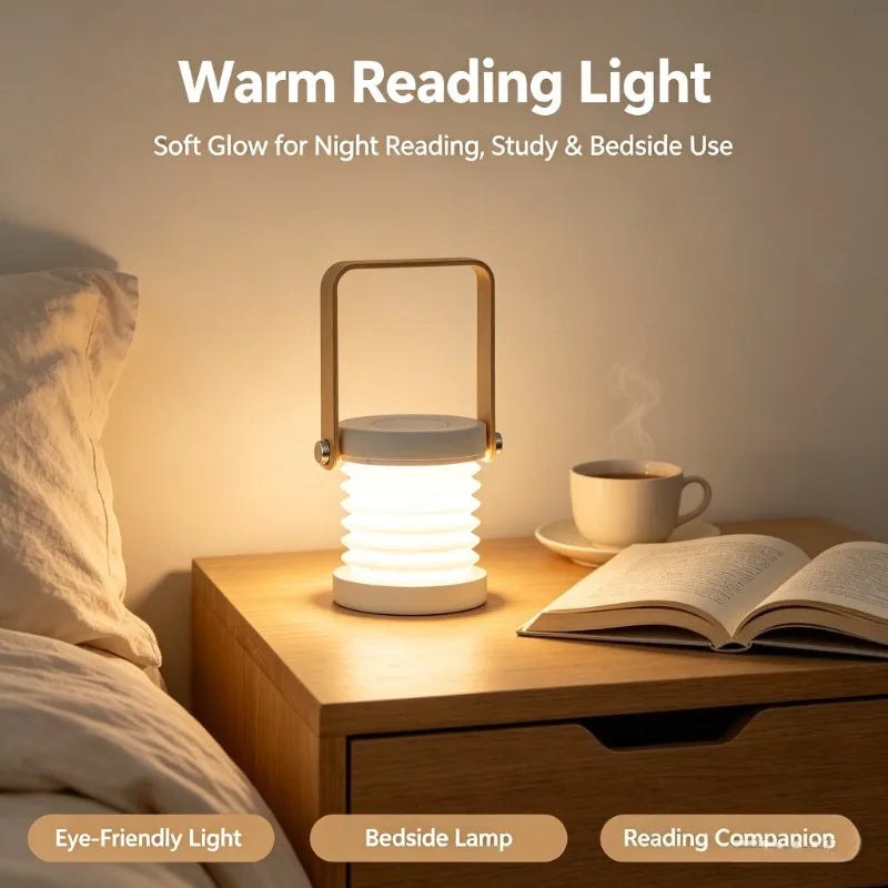 Portable Folding Night Lamp, Creative Wooden Handle LED Lantern, Telescopic Table Light USB Charging Reading Lamp for Home Decor Vue