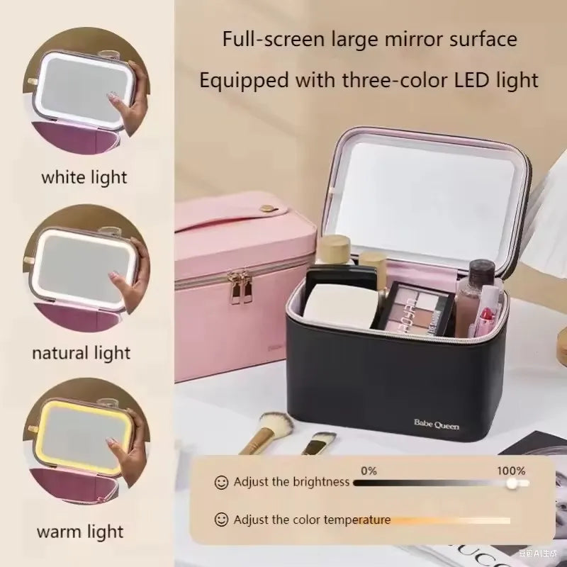 Travel PU Makeup Bag With Led Mirror Portable Cosmetic Case With Mirror And Light Travel Rechargeable Makeup Bag With Led Light Vue