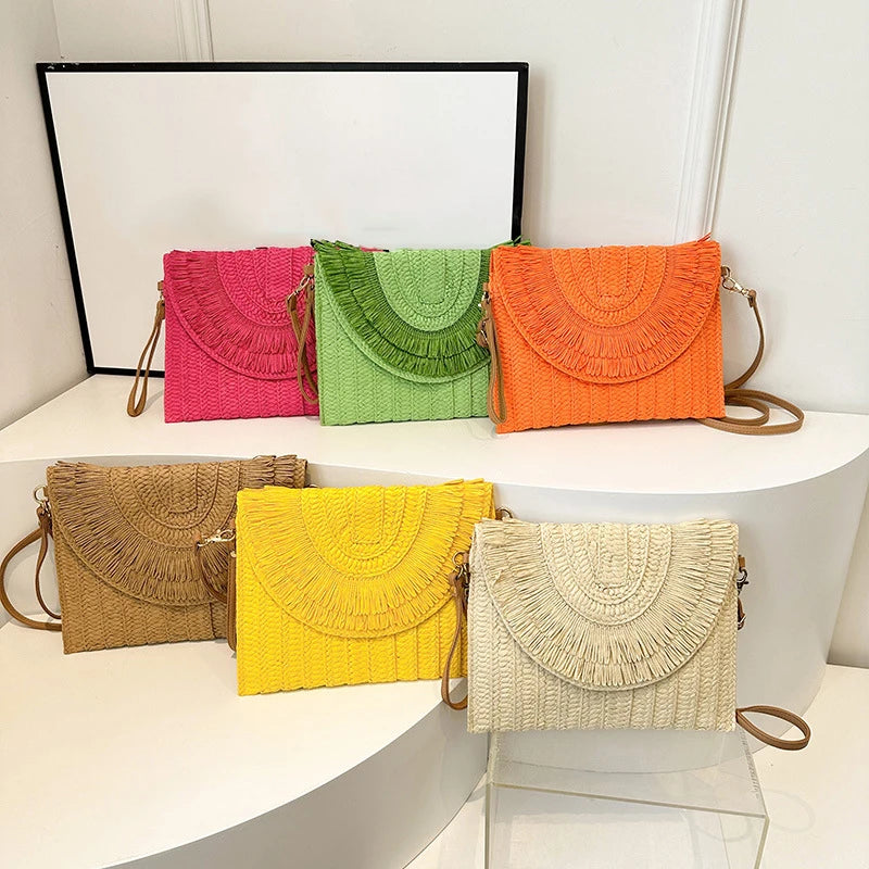 Straw Handmade Weave Clutch Bag Solid Pouch Purse Female Summer Flap