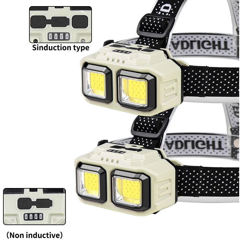 Sensor Headlamp COB LED Head Lamp Flashlight USB Rechargeable Head Torch 4 Lighting Modes Head Light with Built-in Battery Vue