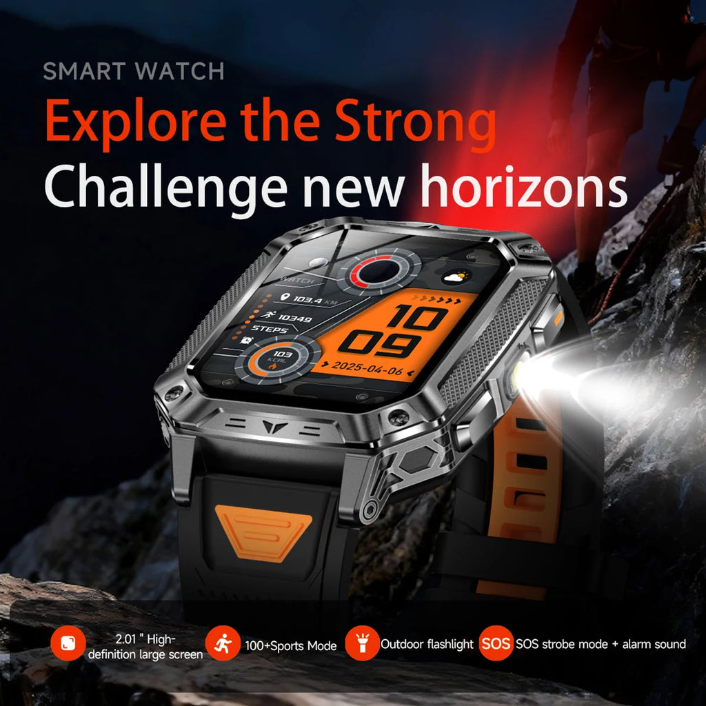 2026 Military Smartwatch 2.01''Color Screen Outdoor Sports Watch for Men SOS Red Alarm Flashing Flashlight Health Monitor IP68 Vue