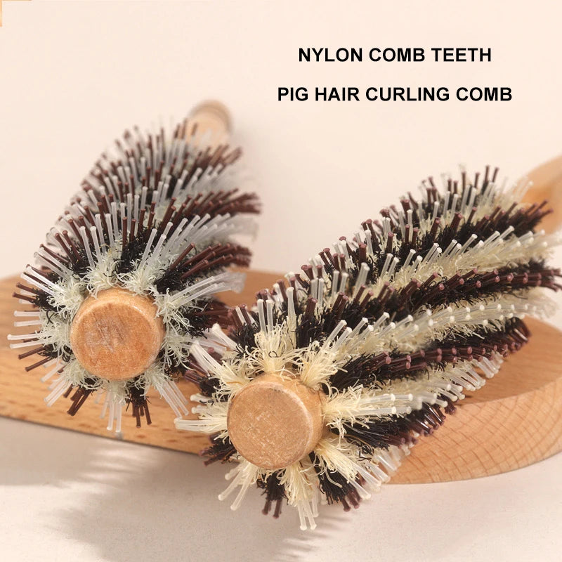 Wood Handle Round Rolling Brush Straight Twill Hair Comb Boar Bristle Round Barrel Hair Curling Brush Hairdressing Tool Vue