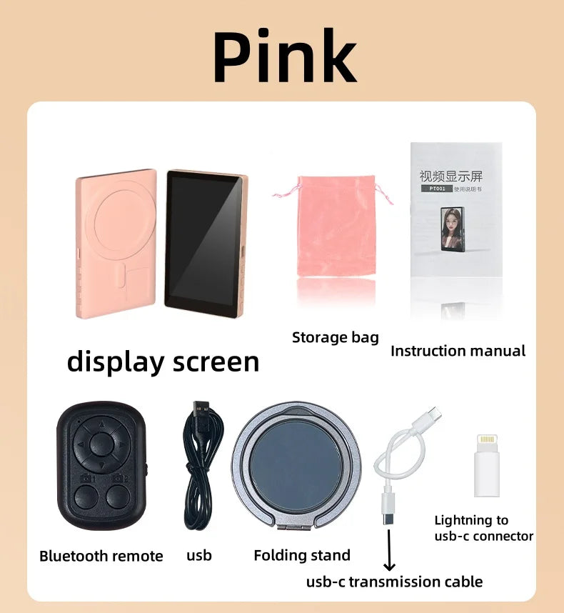 Phone Selfie Monitor Screen Wireless Magnetic Mount Vlog Phone Rear Camera Selfie WiFi Bluetooth Connection for Selfie Live Vue Pink
