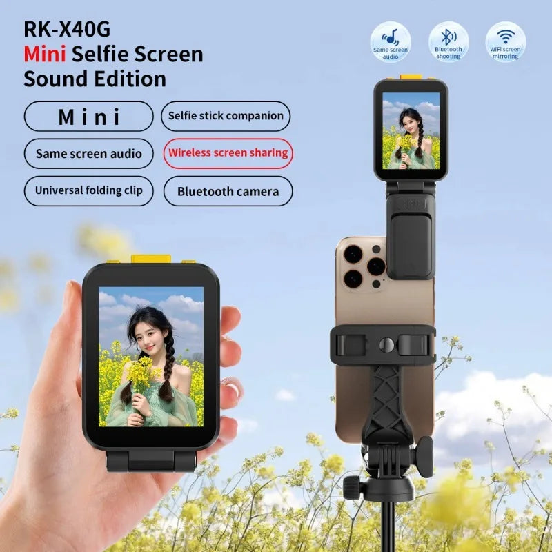 Mini Portable Selfie Phone Screen For iPhone Vlog Selfie Monitor with Sound Projection Bluetooth Remote Photography RK-X40G Vue