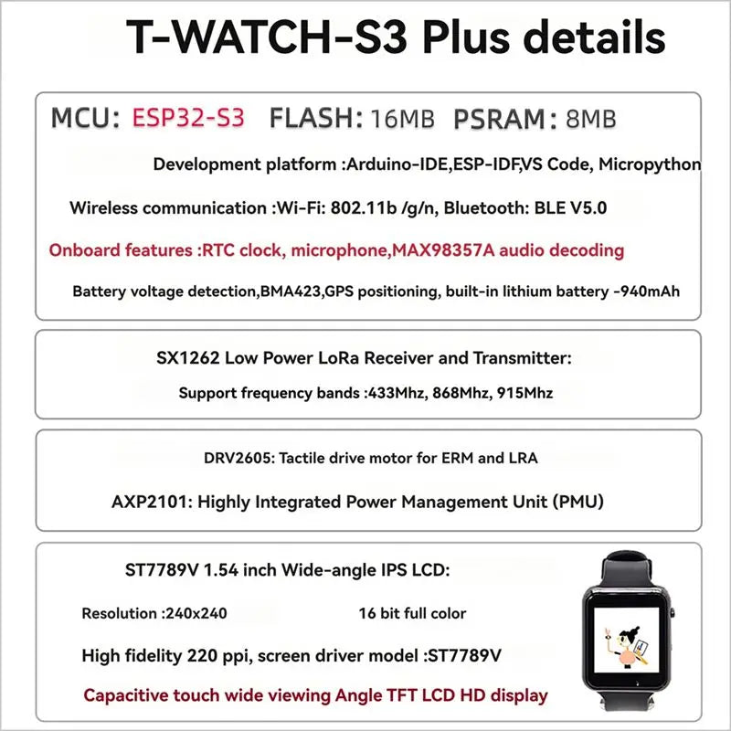 Hot-T-Watch-S3 Plus Programmable Touchable Watch ESP32-S3 With GPS Lora Programmable Development Watch Vue