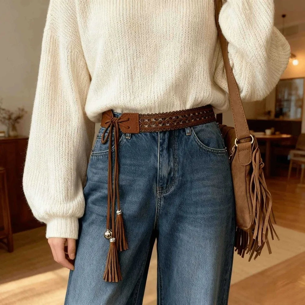 Retro Bohemian Long Tassel Braided Belt Rope Knotted Hollow Pattern