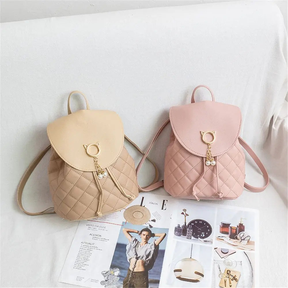 Women Casual Small Backpack Student Bookbags PU Leather Drawstring