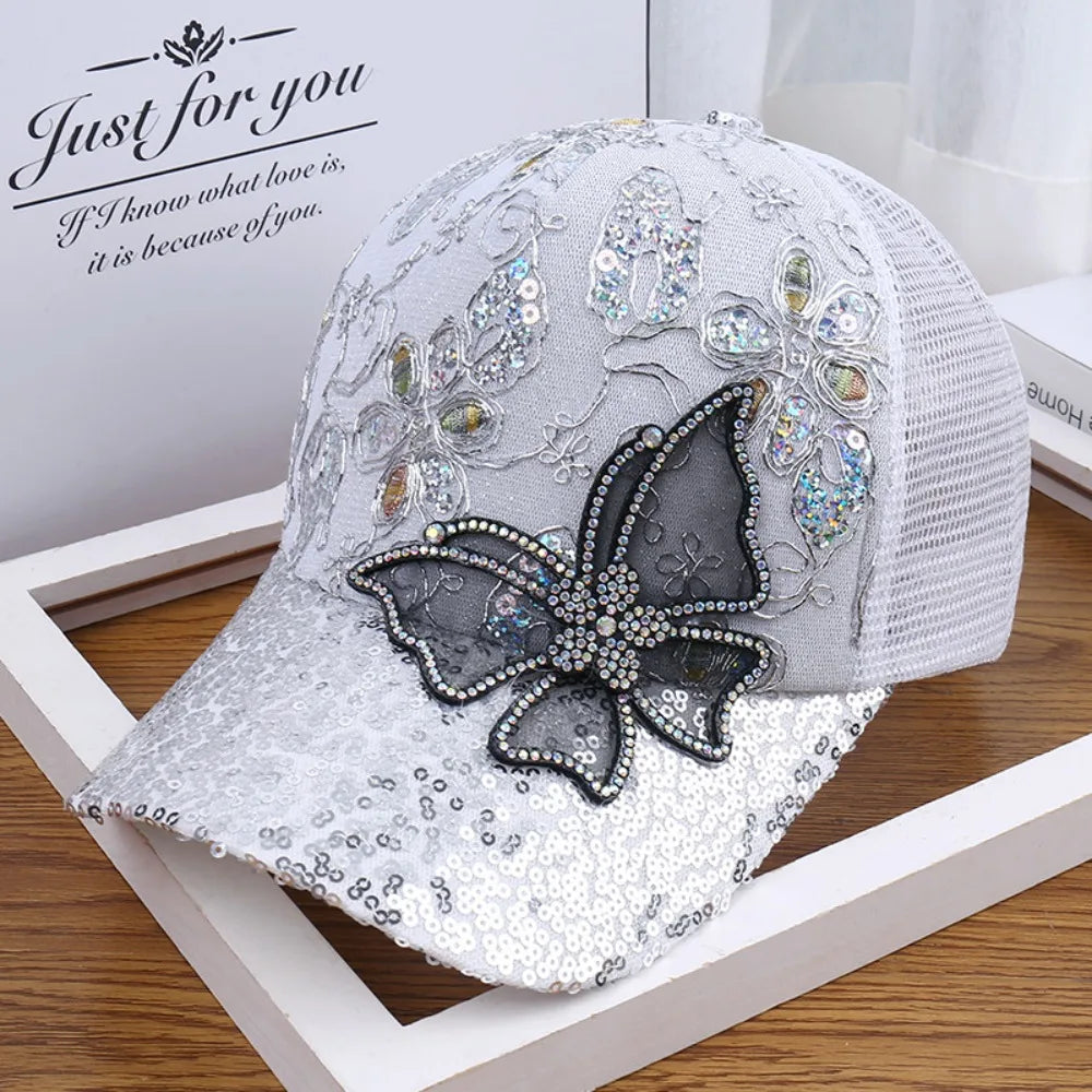Trendy Mesh Women's Baseball Cap Black Rhinestone Butterfly Decor Sun Vue White