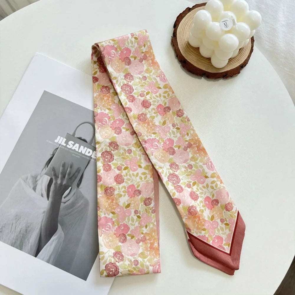 Versatile Fresh Floral Satin Silk Ribbon Scarf Women Summer Long Thin