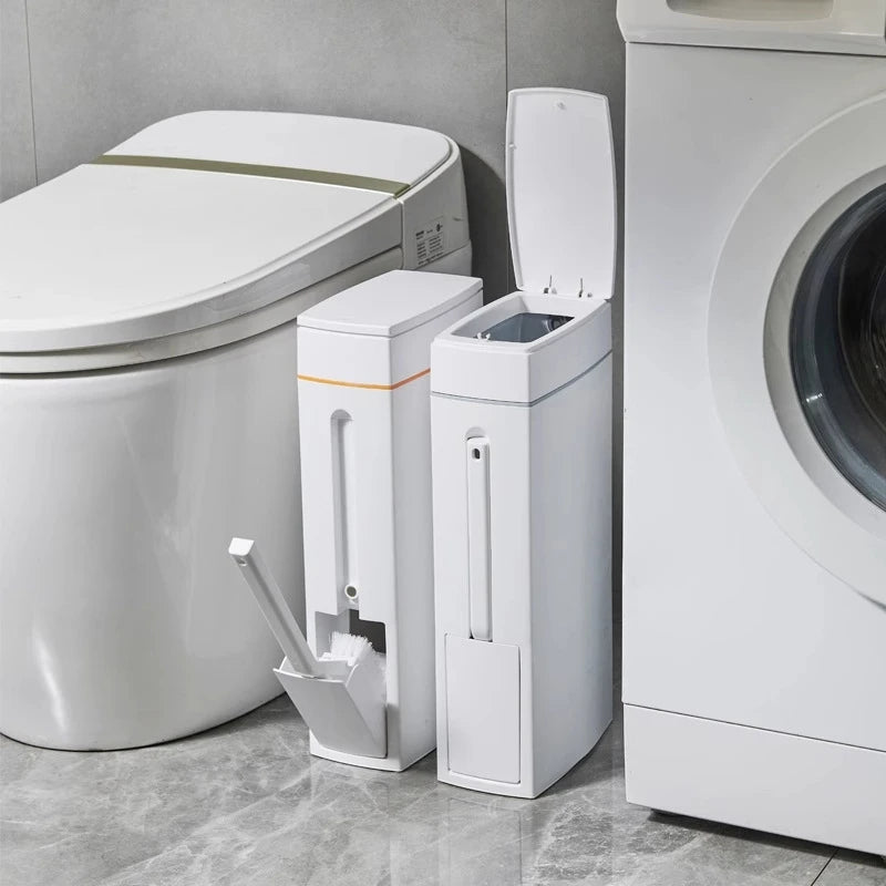 Bathroom Trash Can With Toilet Brush Slim Narrow Slot Push Lid Waste Bin Minimalist Home Organizer For Small Bathrooms And Flats Vue
