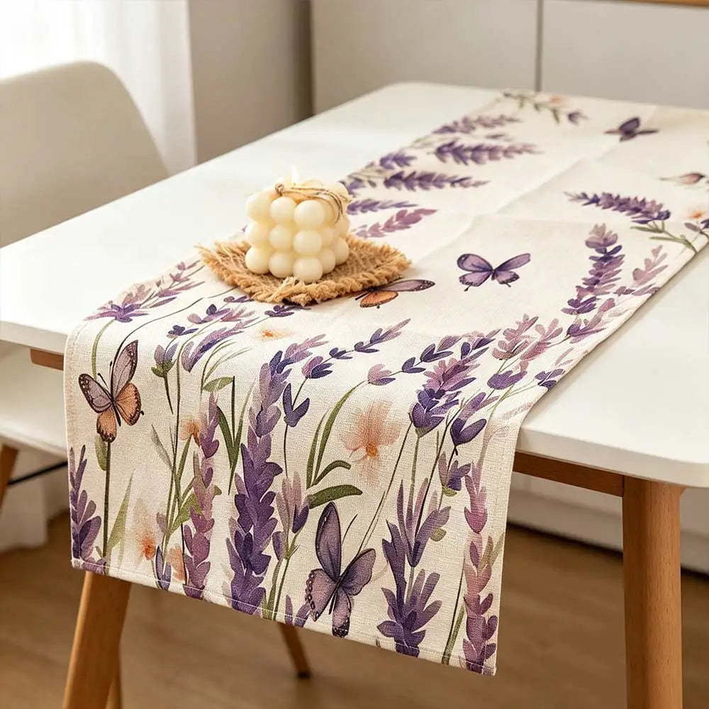 Table Flag Flower Printed Linen Table Runner Purple Lavender Vintage Table Cover Reusable 183CM Tablecloth Valentine's Day Vue
