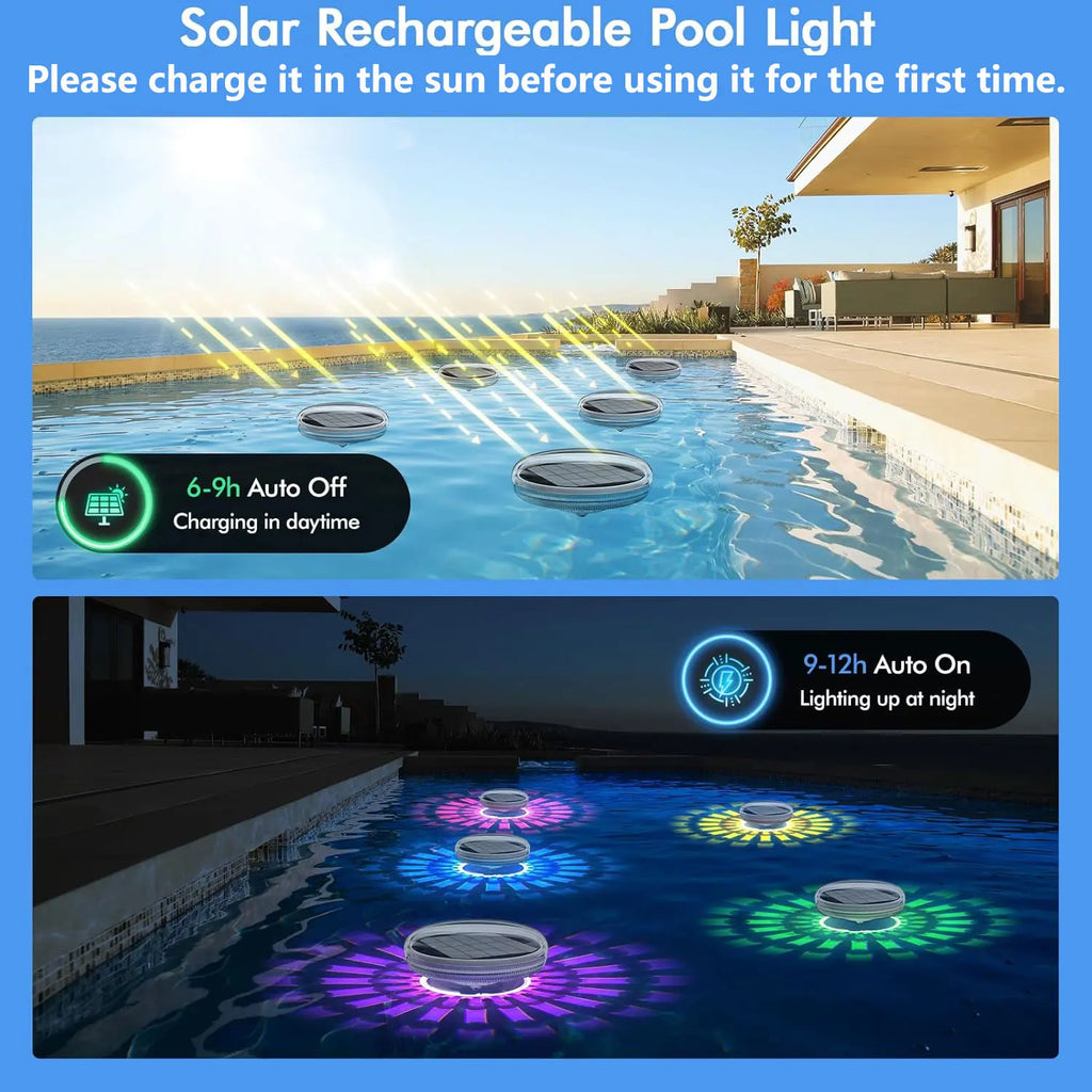 Solar Floating Pool Lights, RGB LED Underwater Lights with Remote Control, 9 Modes IP67 Waterproof for Swimming Pool Party Decor Vue