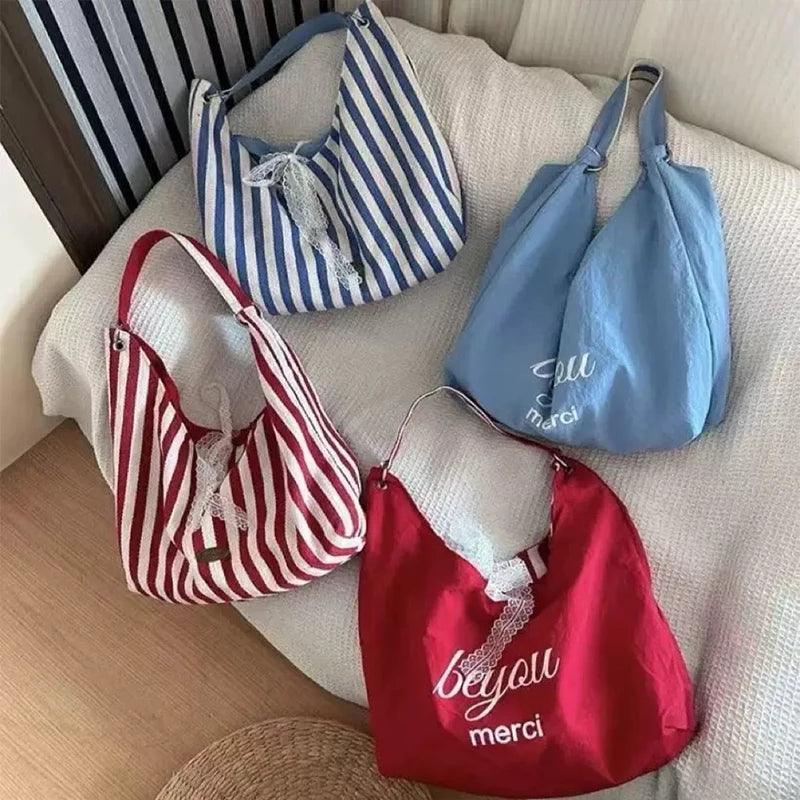 Stripe Hobo Bag Women Lace Bow Decor Canvas Tote Reversible Shoulder