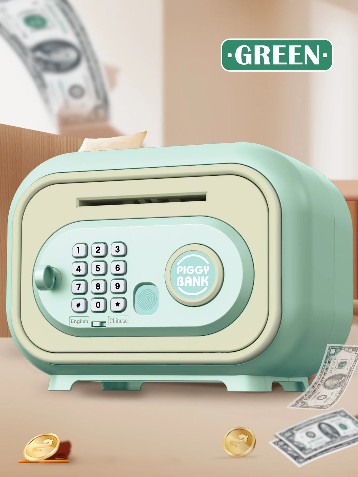 ATM Piggy Bank Toys Money Box for Kids, Large Capacity Simulate fingerprint password unlocking Gifts for boys and girls Vue green
