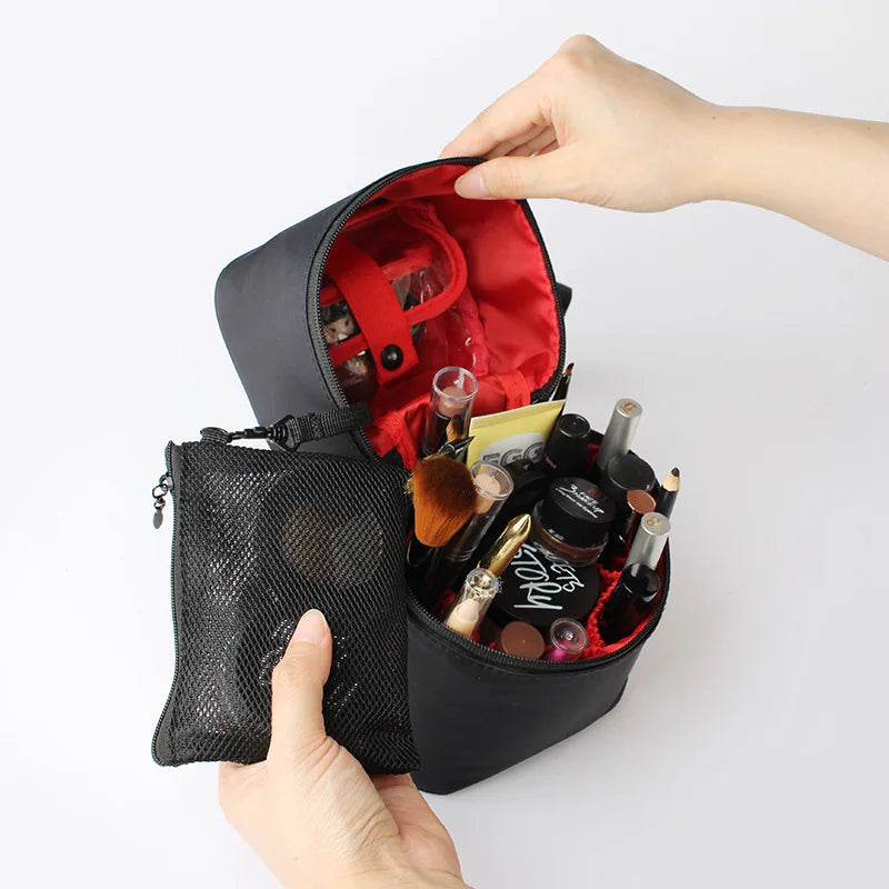 Travel Barrel Shaped Makeup Organizer Female Cosmetic Toiletry Wash Zipper Pouch Women's Trip Make Up Box Accessories Supplies Vue A02-81-Black red