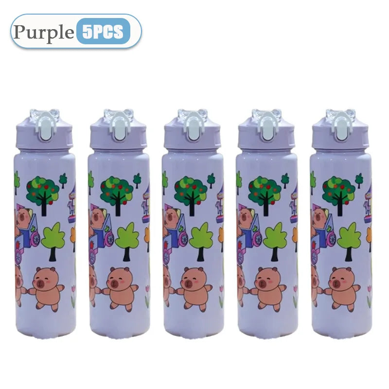 1-10PCS Cartoon Capybara Leak Proof Straw Cup with Braided Handle for Holiday Camping Picnic School Gift Portable Drinkware Vue 601-700ml Purple-5PCS