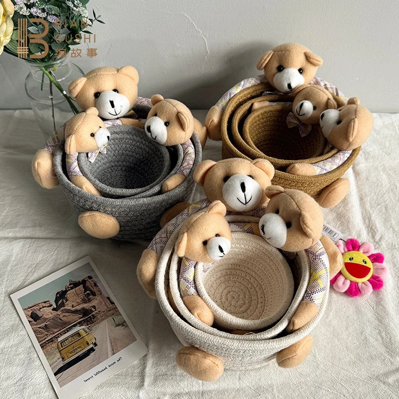 Cute Cartoon Bear And Bunny Cotton Rope Storage Basket For Hair Clips Jewelry And Sundries Table Decor For Kids Girls Easter Vue