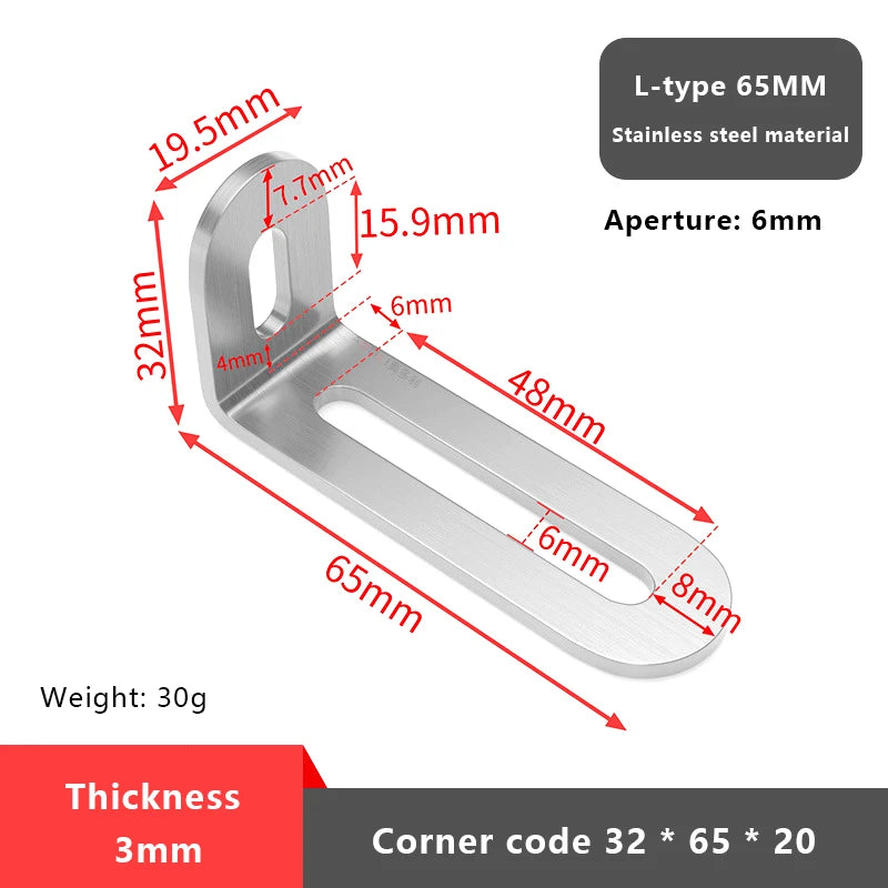 1PCS L-shaped Stainless Steel Adjustable Angle Code Long Hole Activity 90 ° Right Angle Furniture Fixer Shelf Bracket Connector Vue 3 Silver