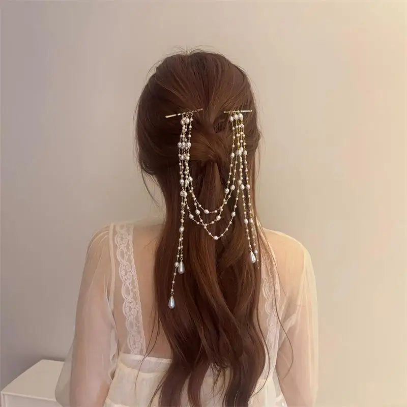 Pearl Tassel Beaded Hair Clip - Retro Elegant Versatile Pin Hair Accessory Vue