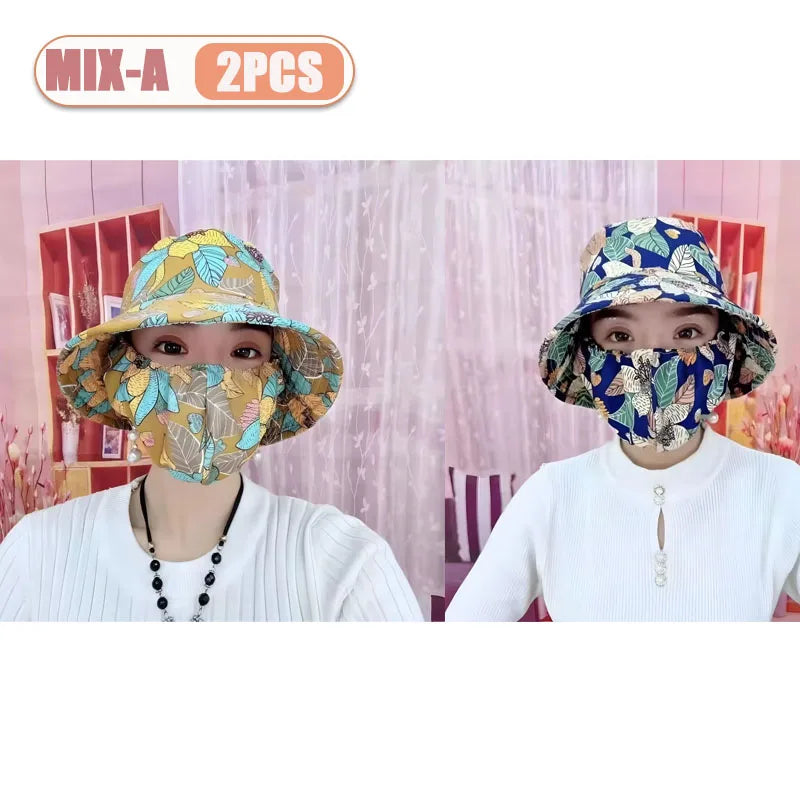 1-2PCS Women‘s Sun Hat with Face Mask Floral Leaf Pattern Wide Brim UV Protection for Outdoor Hiking Gardening Beach Vue Mix A-2PCS