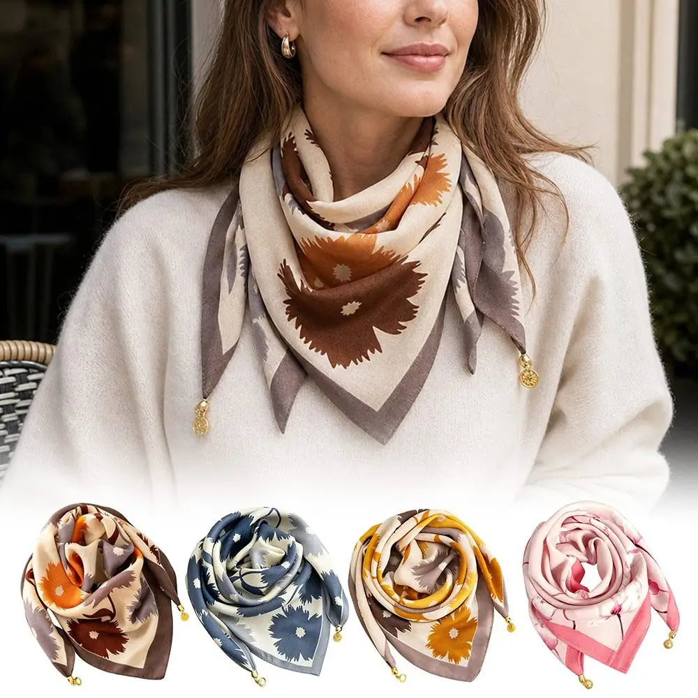 Fashion Magnetic Buckle Silk Scarf Floral Print Lightweight Neck