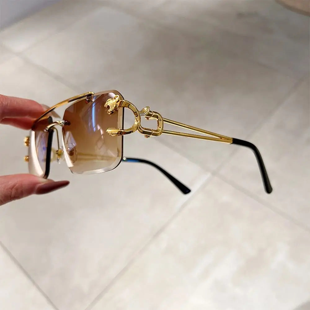 Retro Double Bridge Rimless Sunglasses Metal UV400 Cheetah Decor Sun