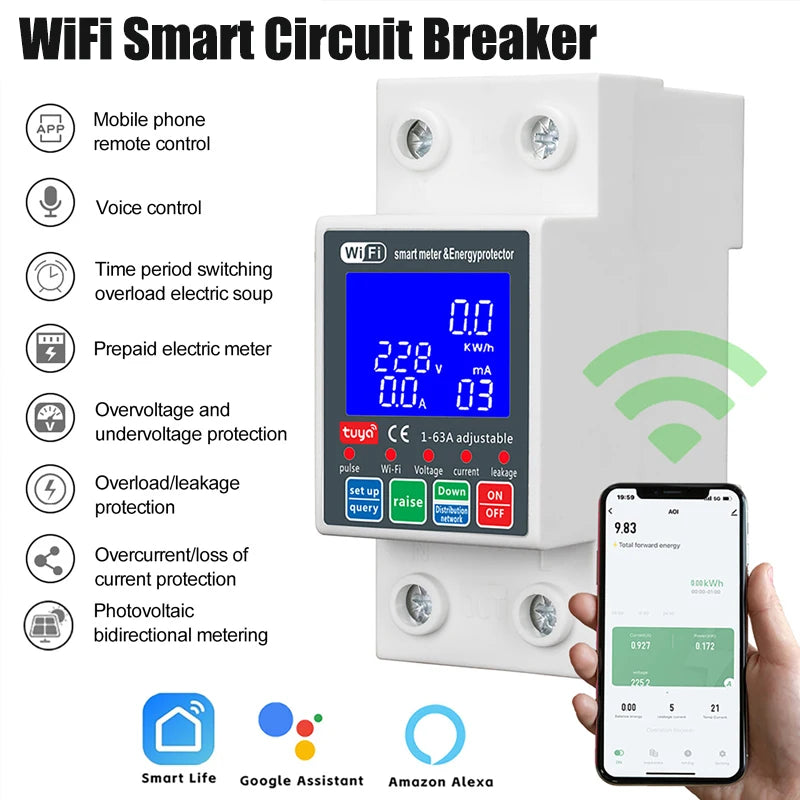 63A Smart Life PV Smart Circuit Breaker Tuya Voltage Relay 230V Wifi Current Leakage Protection MCB Automatic Switch Vue