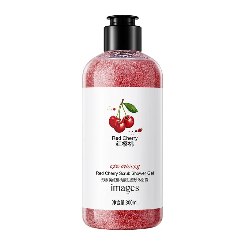 300ml Red Cherry Beauty Scrub Shower Gel, Rich in Cherry Fruit Extract and Other Ingredients, with a Fresh Fruit Aroma, Long-Lasting Fragrance, and Fine Scrub Particles That Effectively Deeply Cleanse the Skin, Leaving It Fee Vue Red Moisturizing 300ml