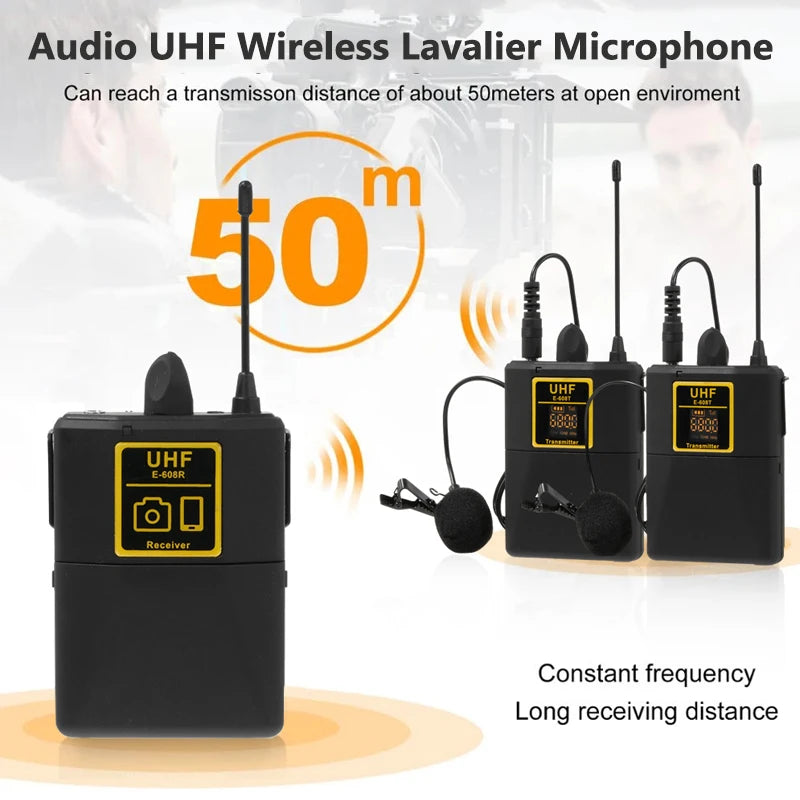 Audio UHF Wireless Lavalier Microphone Mic with 30 Selectable Channels 50m Range for DSLR Camera Interview Live Recording Vue