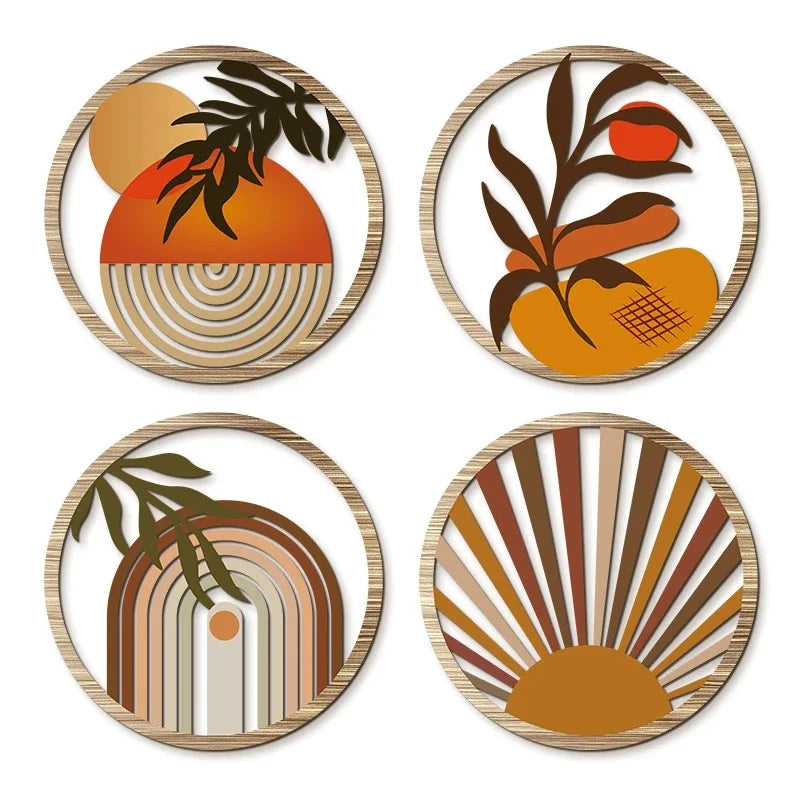 Bohemian Hollow Round Wall Decor 4pc Wooden Hanging Craft Boho Rustic Cozy For Living Room Bedroom Housewarming Gift For Her Vue
