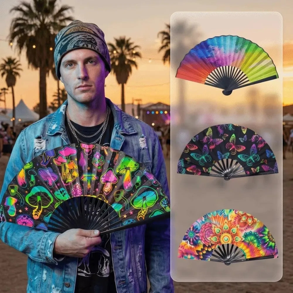 Fashion Gradient Colorful Folding Hand Fan Leopard Print Reflective