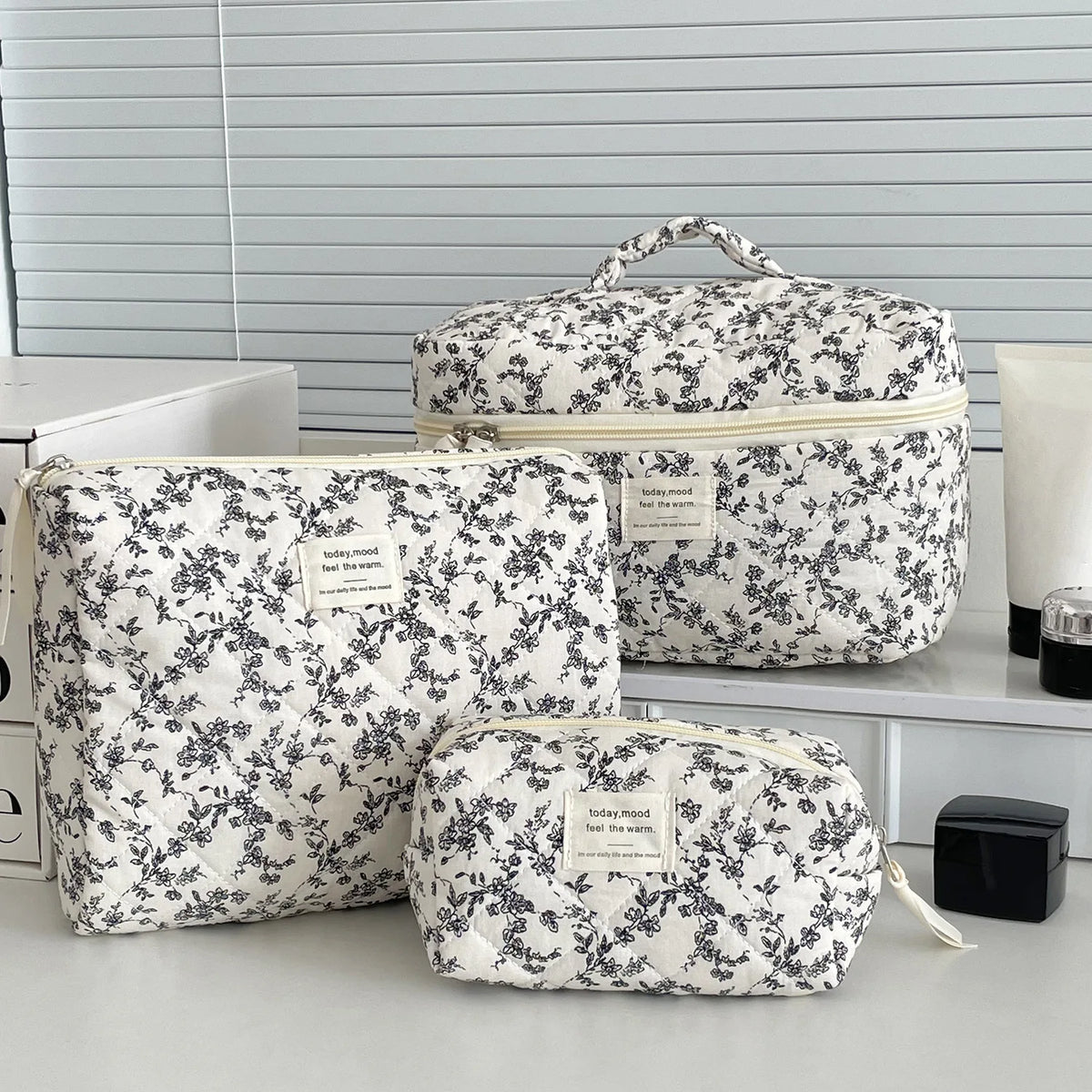 Fashion Black Flower Women Quilting Bags Handbag Travel Organizer Cosmetic Makeup Storage Pouch Portable Zipper Tote Bag Vue