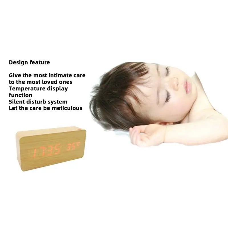 ABKW-Wooden Square Desk Clock LED Digital Display Alarm Clock Temperature Display Clock For Bedroom Decoration Clock Vue