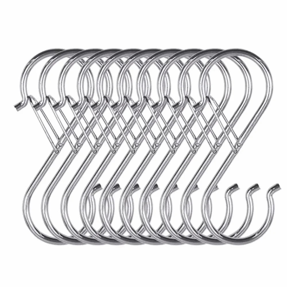 10Pcs S-Shape Balcony Clothes Hanger Windproof Stainless Steel Kitchen Pot Rack Hooks Polished Safety Buckle Vue Silver