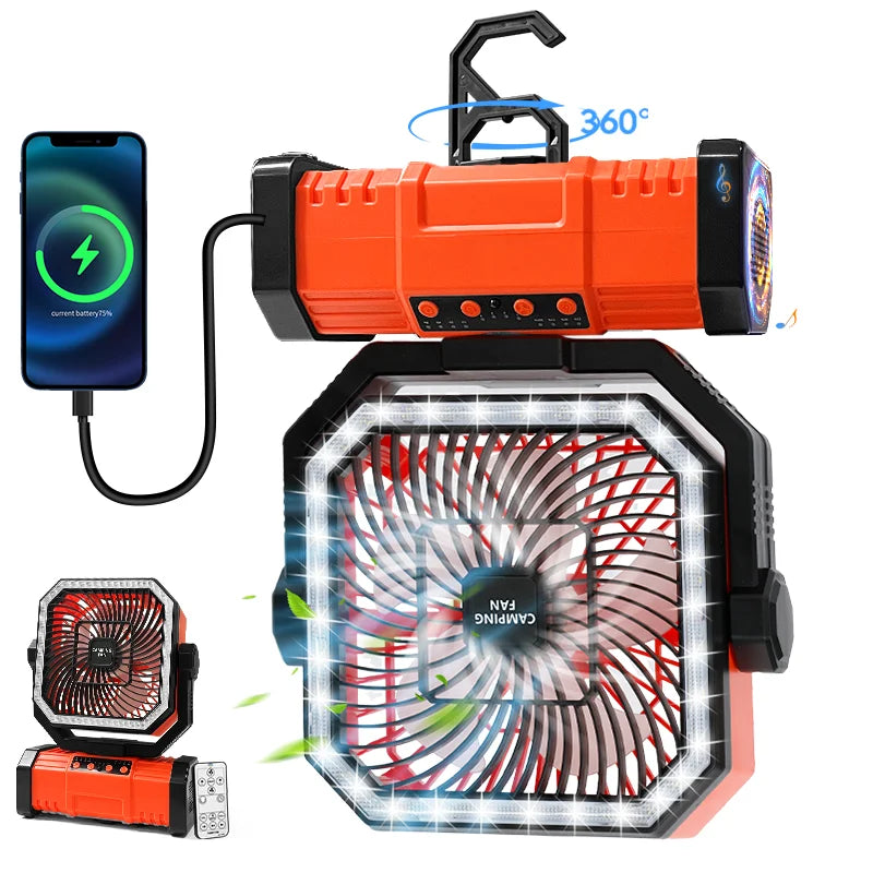 Portable Camping Fan 3-in-1 20000mAh Rechargeable Battery Powered Fan with Light Remote & Hook for Outdoor Travel Camping Tent Vue Orange-Standard