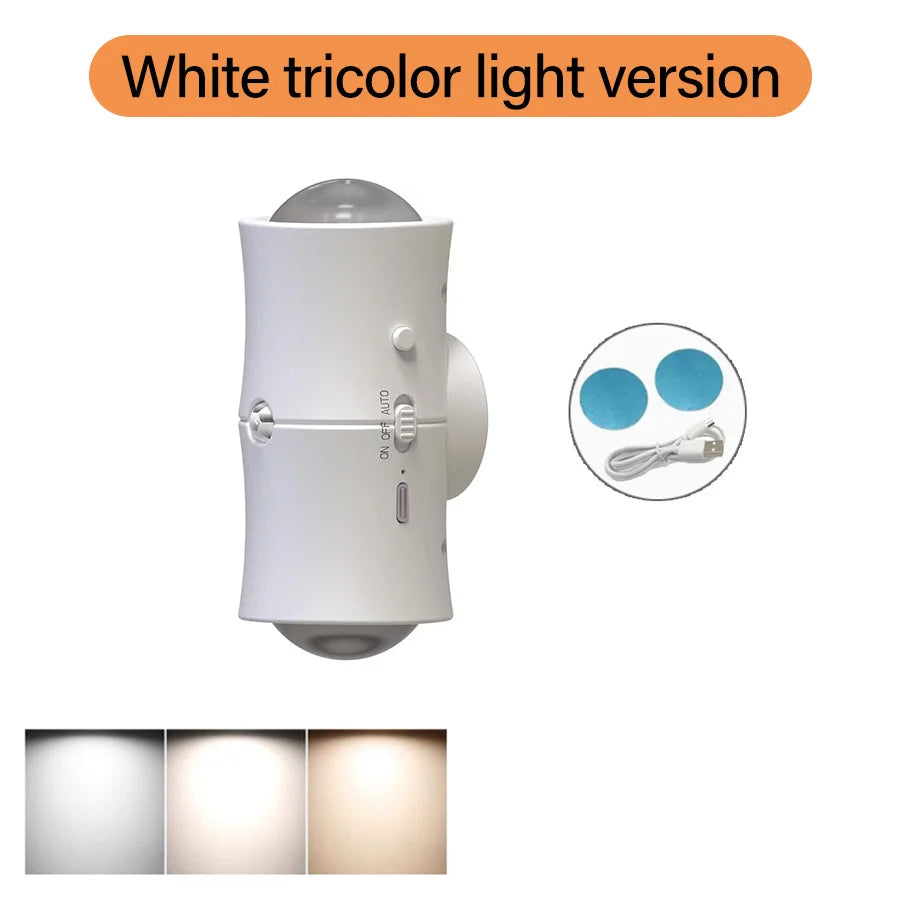 RGB Sunset Led Night Light with Motion Sensor Rechargeable Wireless Wall Lamp Double-head Magnetic Spotlight for Hallway Stairs Vue 3-Color White