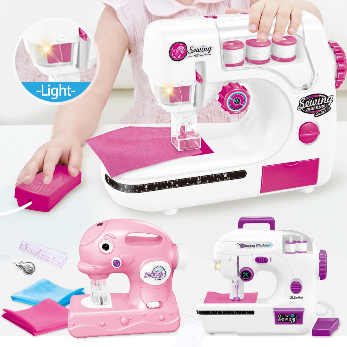 Sewing Machine Toys, Portable Battery Powered Sewing Machine with Measuring Tape and Fabric, Gifts for Kids not Include Battery Vue