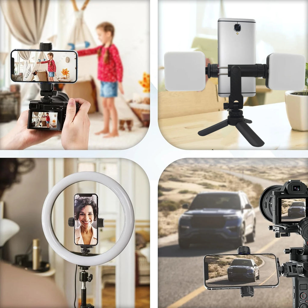 360° Universal Tripod Mount Mobile Phone Clip Holder for iPhone Xiaomi 1/4" Screw With 2 Cold Shoe Mount Adapter Vue