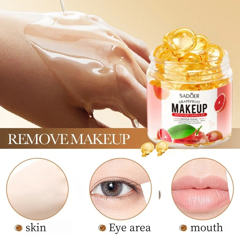 35Pcs Grapefruit Makeup Remover Capsules, Containing Grapefruit Extract, Mineral Oil, Glycerin and Other Skin-Friendly Ingredients, Are Compact and Portable, Gentle and Non-Irritating, Easily Remove Heavy Makeup and Cleanse t Vue