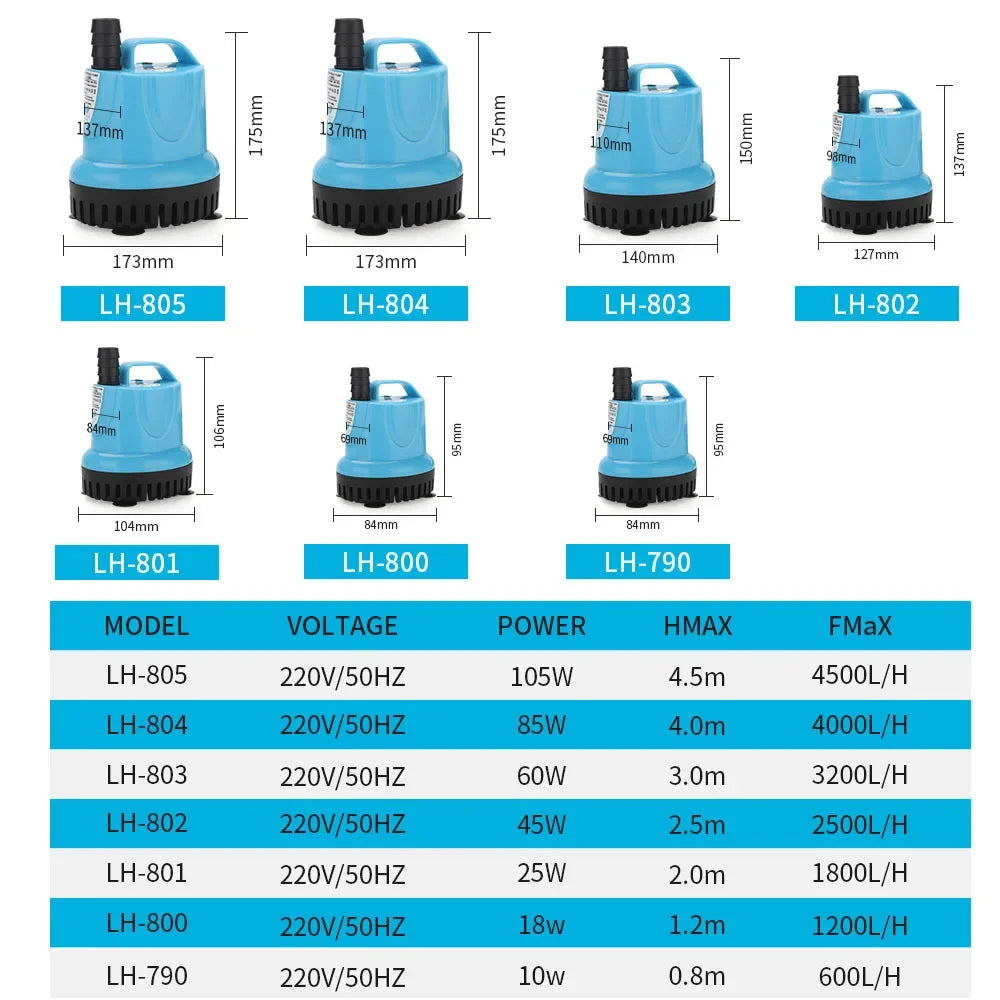 Aquarium Ultra-Quiet Submersible Water Fountain Pump Fish Pond Tank Spout Marin Temperature Control Clean Water Changer Pump Vue