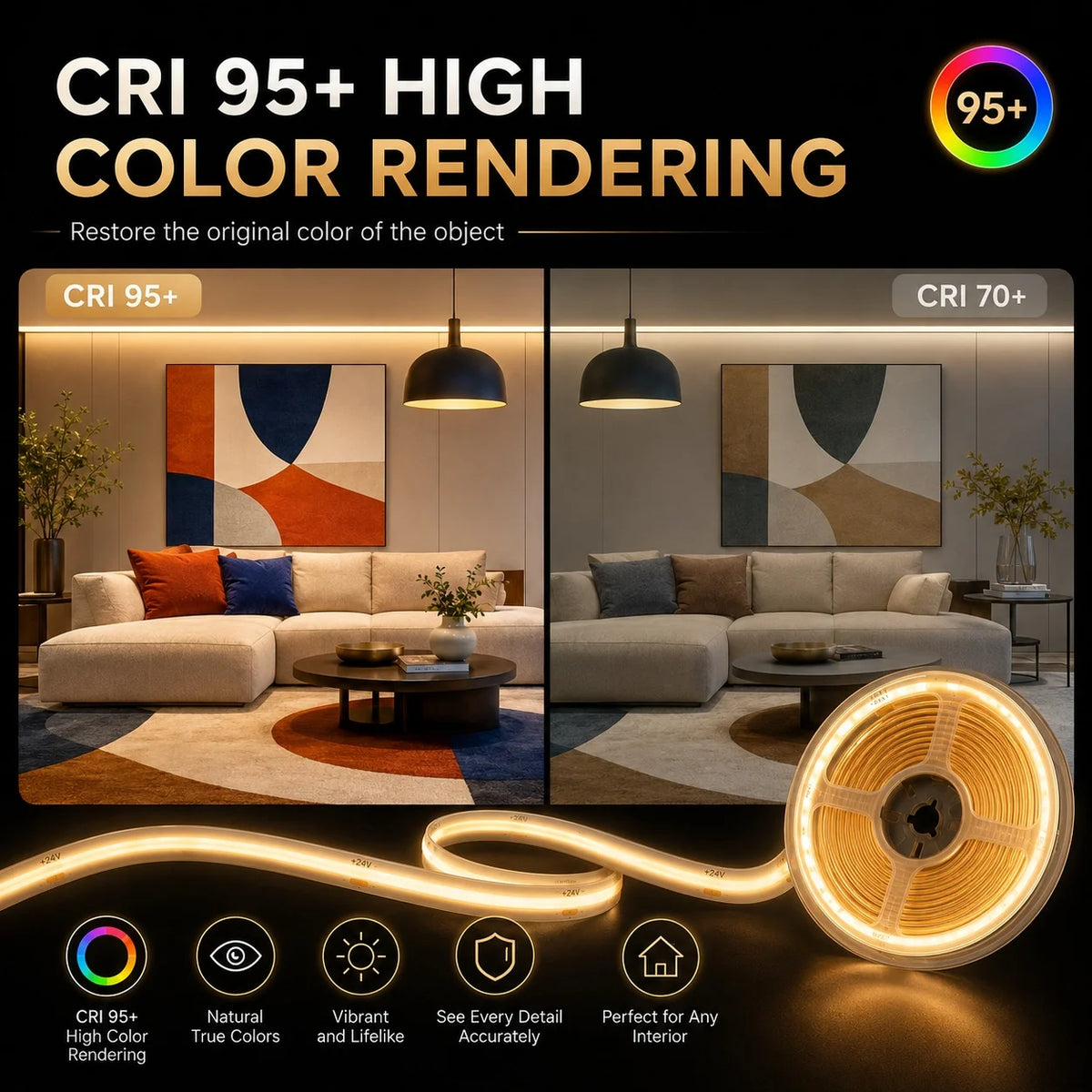 Touch Dimmable COB LED Tape High Density Dotless Flexible Self Adhesive Strip Light For Closet Cabinet Bedroom Mirror Decor Lamp Vue