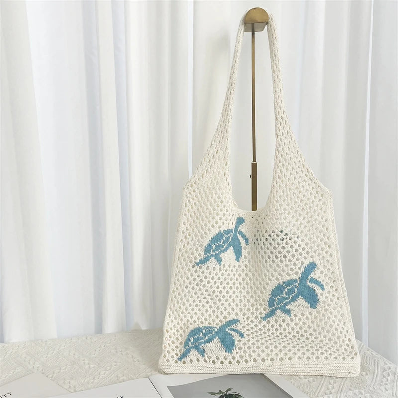Women Stylish Turtle Cherry Pattern Crochet Tote Bag Large Capacity