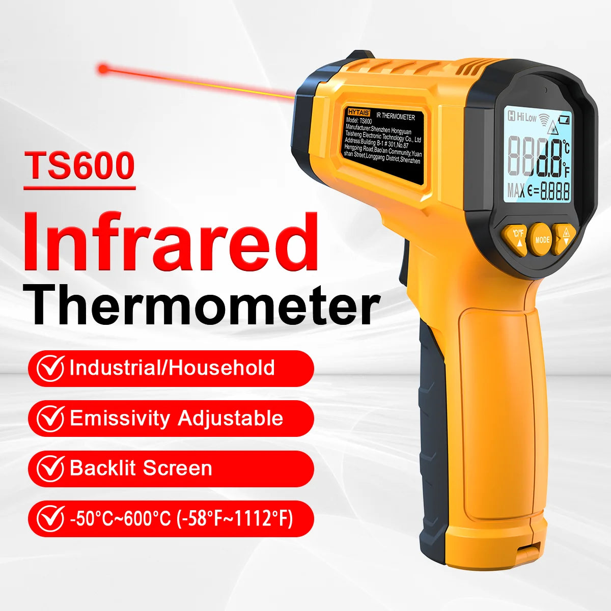 HYTAIS TS600 Infrared Non-Contact Thermometer Handheld Industrial Temp Gun Electronic Temperature Gauge -50℃ to 600℃ Greenhouse Vue YELLOW