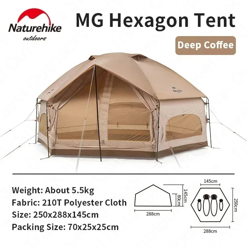 Naturehike MG Hexagon Tent 3-4 Person Waterproof Family Camping Family Camping Tent Vue Deep-Coffee