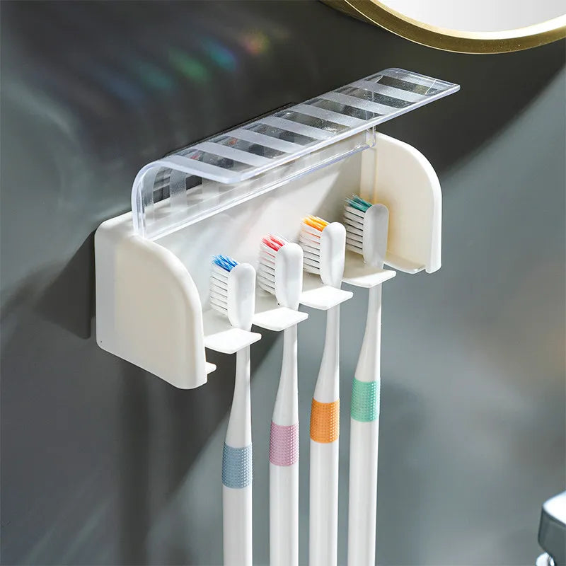 A Covered 5-Slot Toothbrush Holder Self-Adhesive Wall Toothbrush Storage Rack Plastic Bathroom Supplies Vue
