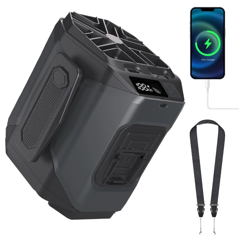 Portable Waist Fan 10000mAh LED Lighting Hanging Neck Fan with Power Bank 5 Speed Strong Airflow Cooling Fan for Outdoor Working Vue black
