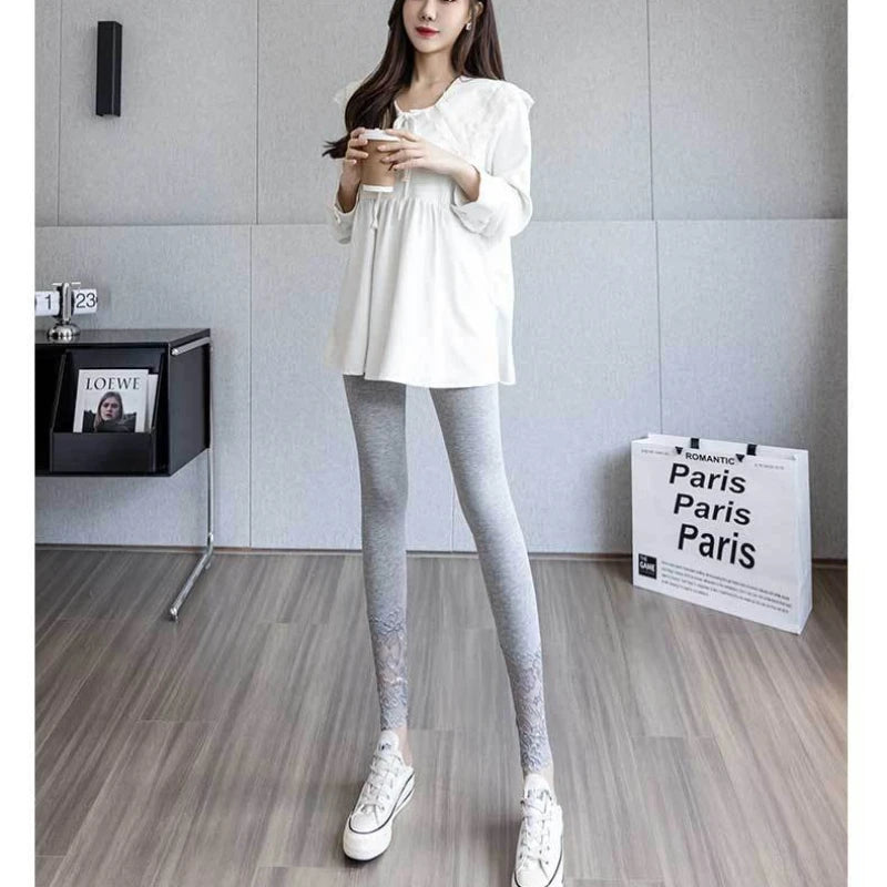 High Waisted Lace Trim Leggings for Women Summer Thin Outwear Tummy Control Butt Lift Slim Fit Shaping Tights Breathable Vue