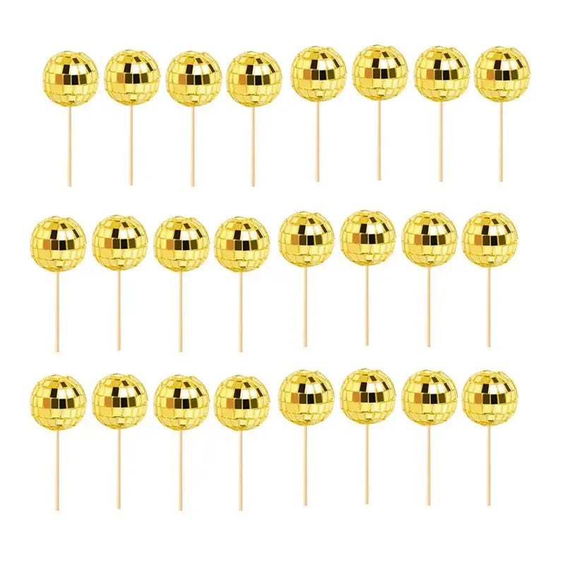 ABKW-24 PCS Disco Ball Cupcake Toppers Disco Ball Cupcake Picks Reflective Mirror Ball Cake Toppers Disco Decorations Durable Go Vue Gold