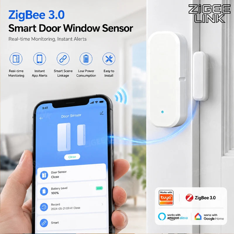 Zigbee3.0 Smart Door Window Sensor Magnetic Open Closed Detector Home Burglar Alarm Remote Monitor Voice Linkage Alexa Google Vue